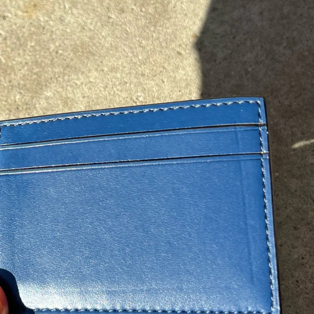 Coach Slim Clip Billfold Card Hold Wallet Brown Classic Canvas Blue Leather - Picture 3 of 12